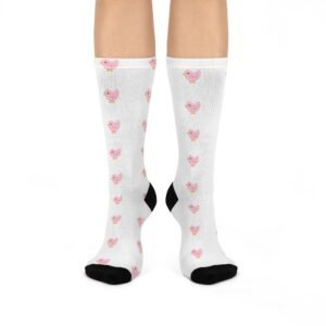 Pink Heart Bird Crew Socks — Cushioned Knee-High Socks for Women, Cute Valentine/Everyday Gift