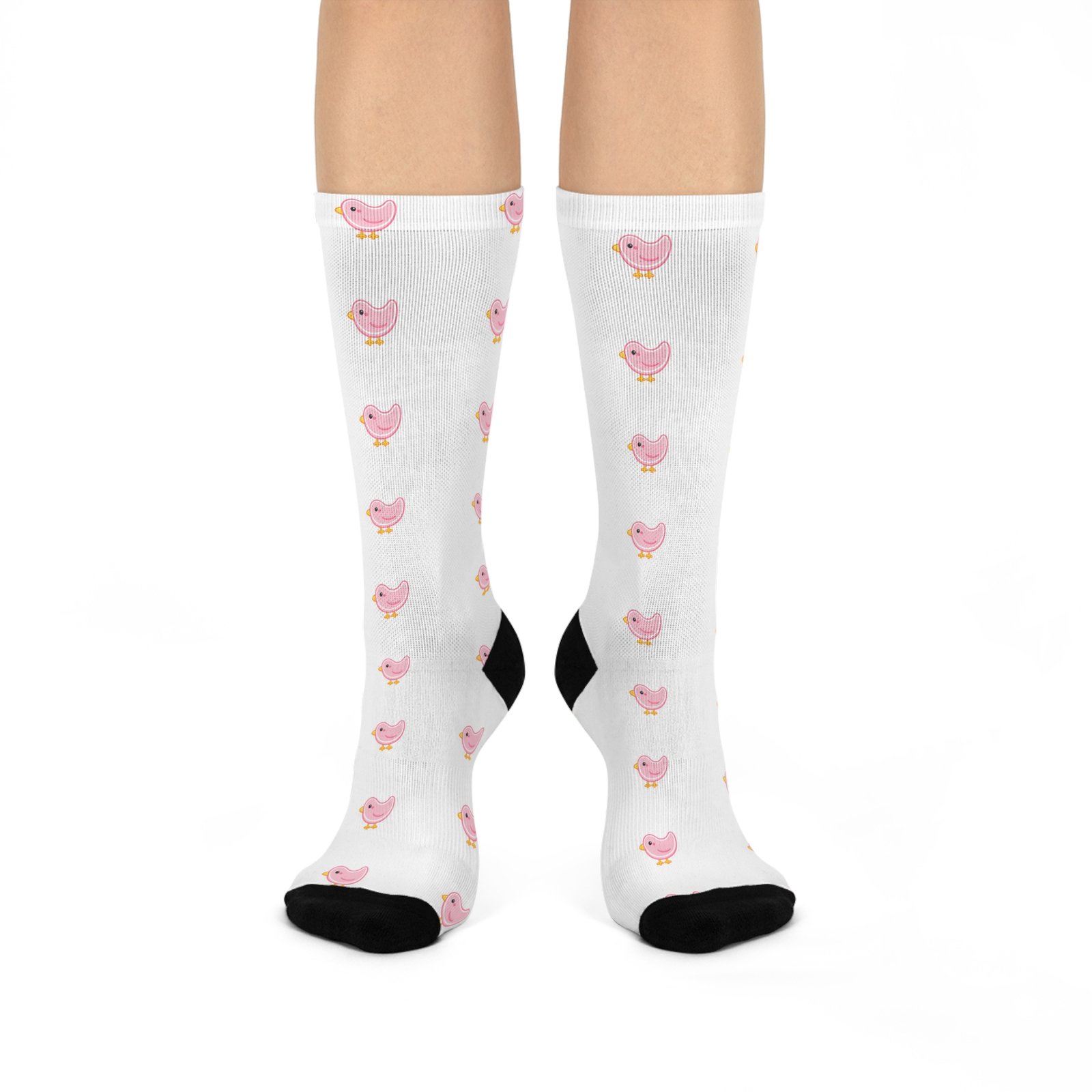 Pink Heart Bird Crew Socks — Cushioned Knee-High Socks for Women, Cute Valentine/Everyday Gift