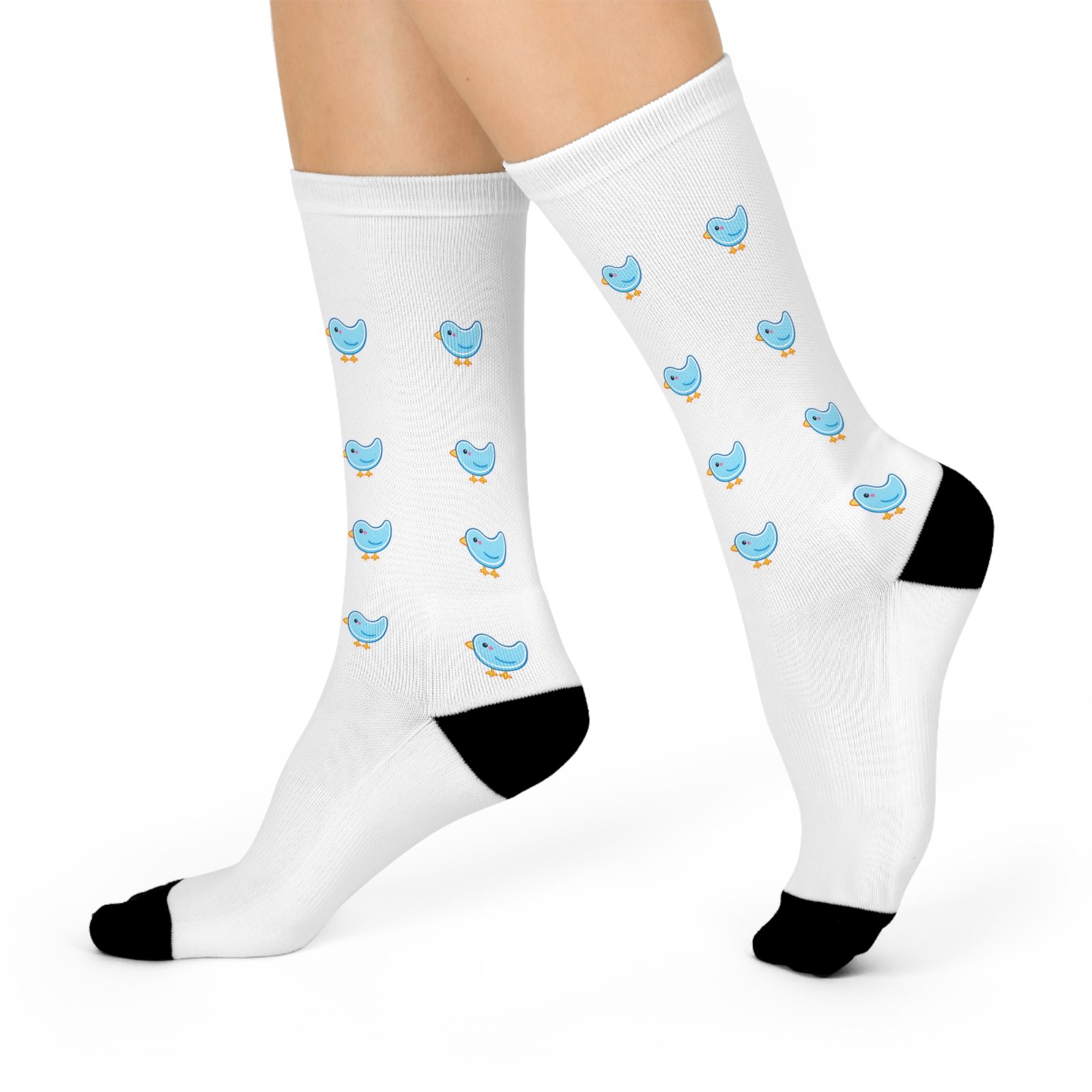 Blue Bird Pattern Cushioned Crew Socks — Cute Cartoon Bird Socks for Everyday Wear - Image 2