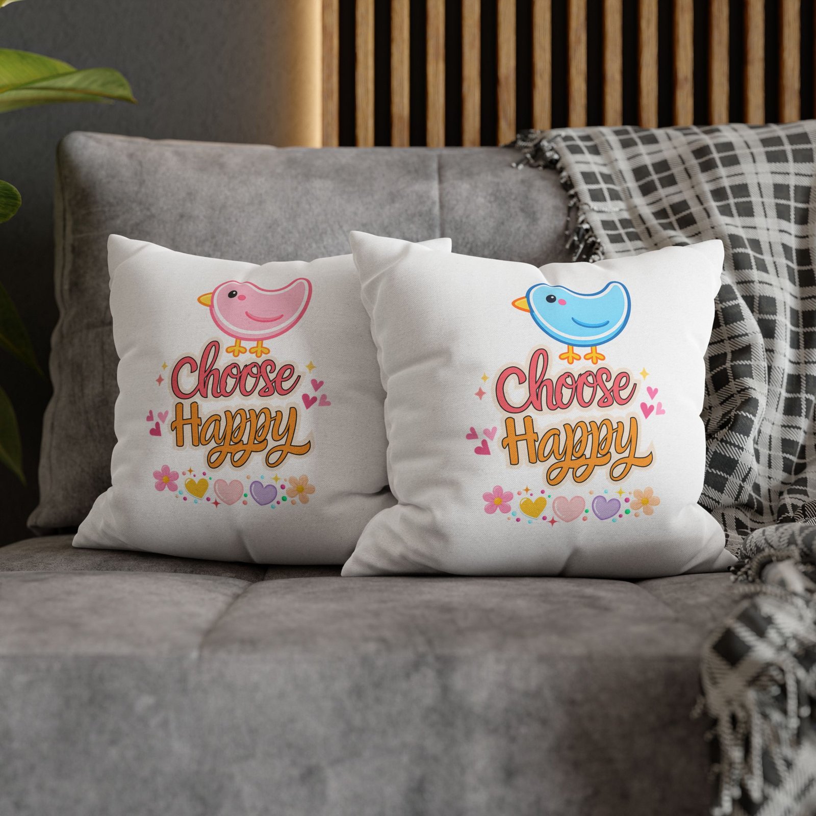 Choose Happy Pillowcase — Cute Blue Bird Decorative Throw Pillow - Image 5