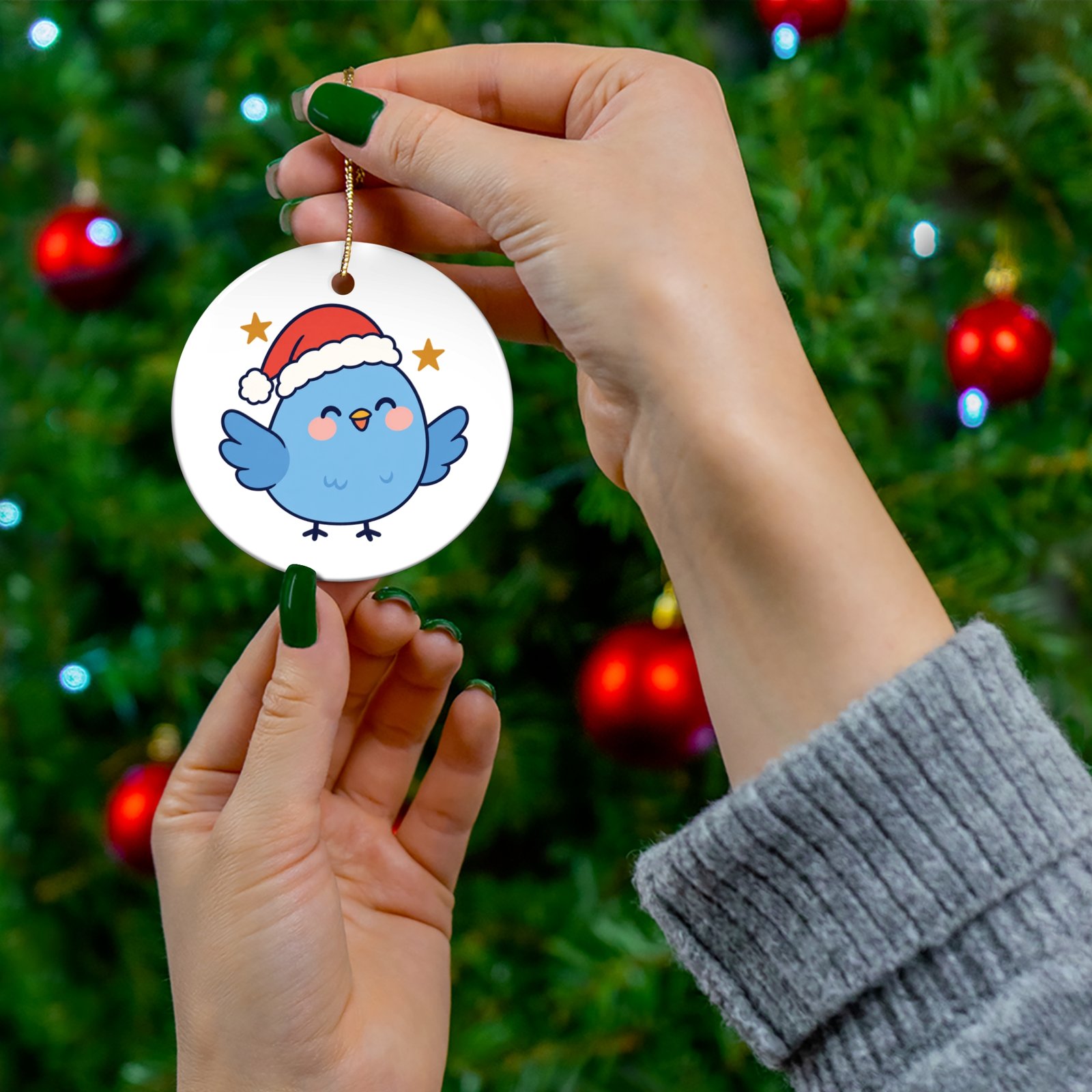 Merry Little Bird Ceramic Christmas Ornament | Round - Image 3